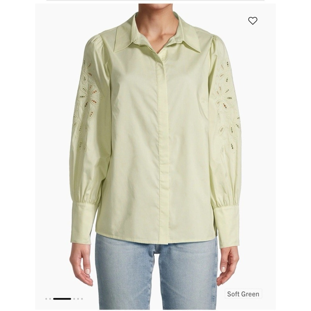 Harshman Women Size XS Devlin Eyelet Cotton Button-Front‎ Shirt Soft Green